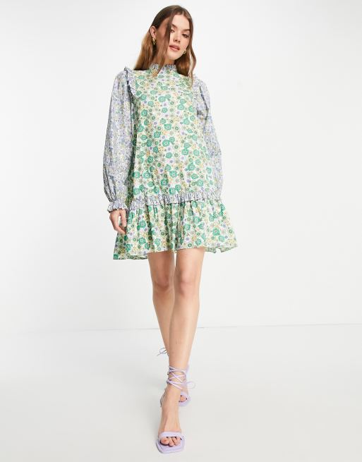 Envii high neck mini dress with ruffle details in patchwork floral | ASOS