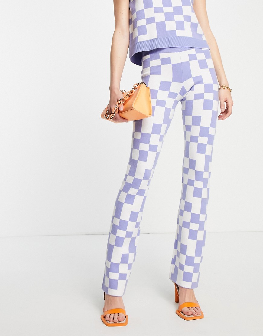 Envii high waist flares in blue retro check - part of a set