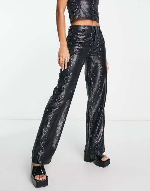 ASOS DESIGN high shine vinyl pants with diamante side lace up flare in black