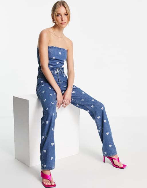 Envii - Jeans met hartjesprint van blauw denim, deel van co-ord set 