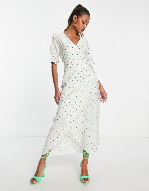 Envii – Kopertowa sukienka maxi we wzór w zielone groszki