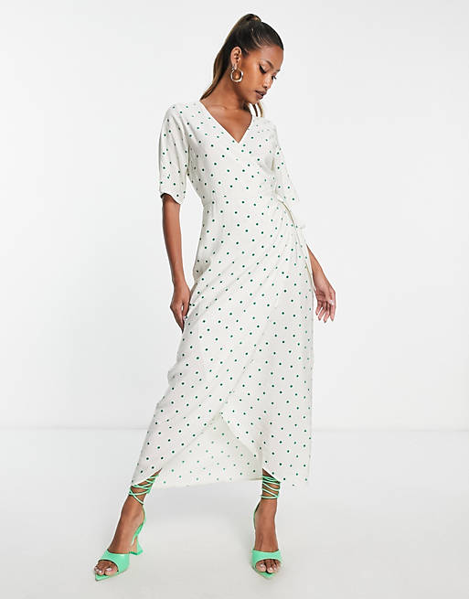 Envii - Lange jurk met overslag en groene stippenprint