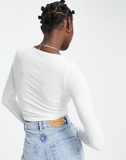 White Rib Tie Front Long Sleeve Crop Top