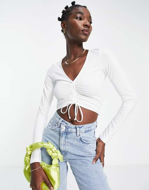 Envii long sleeve crop top with ruched front in white