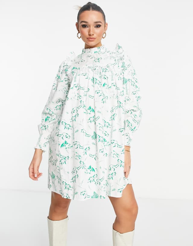 Envii long sleeve mini smock dress with frill detail in fox print