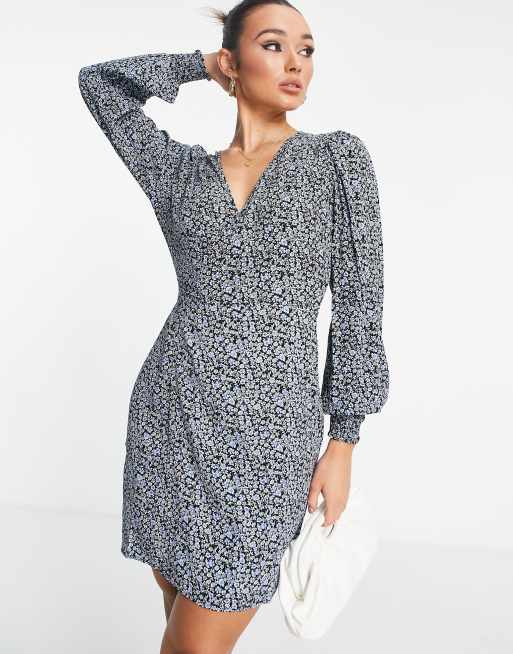 Black dalmatian print wrap long cheap sleeve tea dress