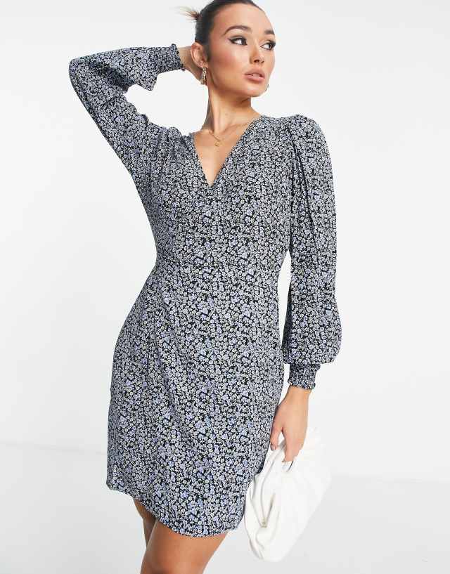 Envii long sleeve mini tea dress with tie waist in violet floral