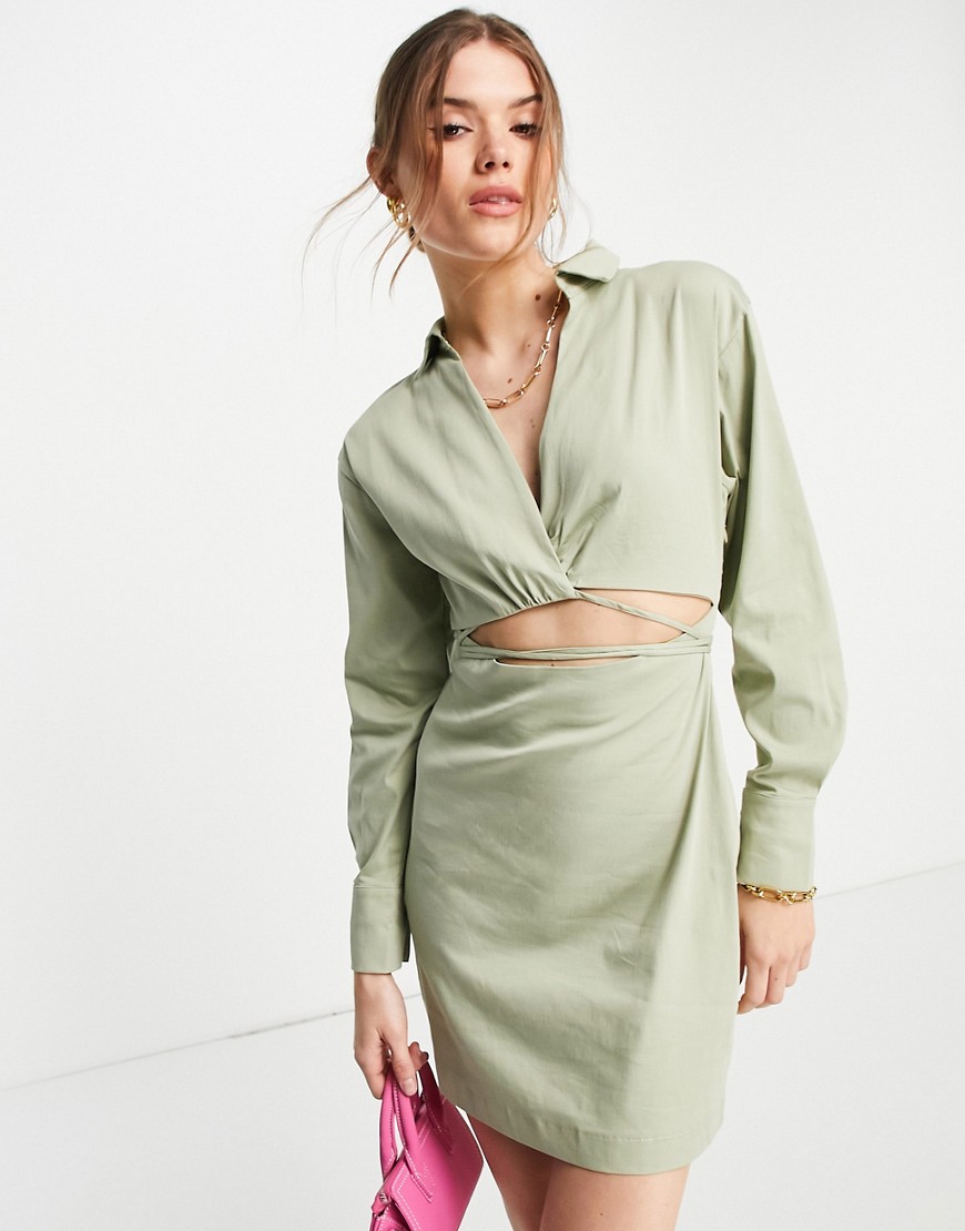 Envii Long Sleeve Shirt Dress With Wrap Waist In Khaki-green