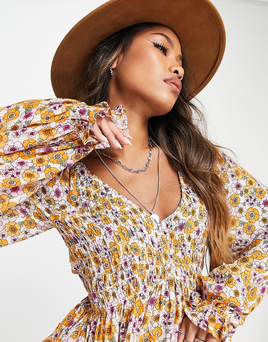 Envii long sleeve smock top in retro floral-Yellow
