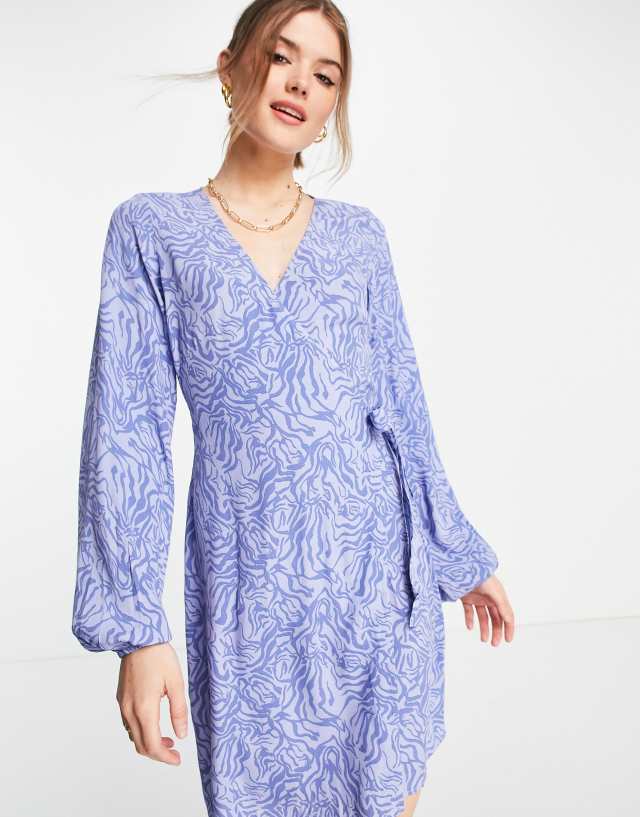 Envii mini wrap dress with balloon sleeves in blue tonal zebra