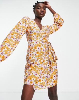 Envii mini wrap dress with balloon sleeves in retro sunflower print