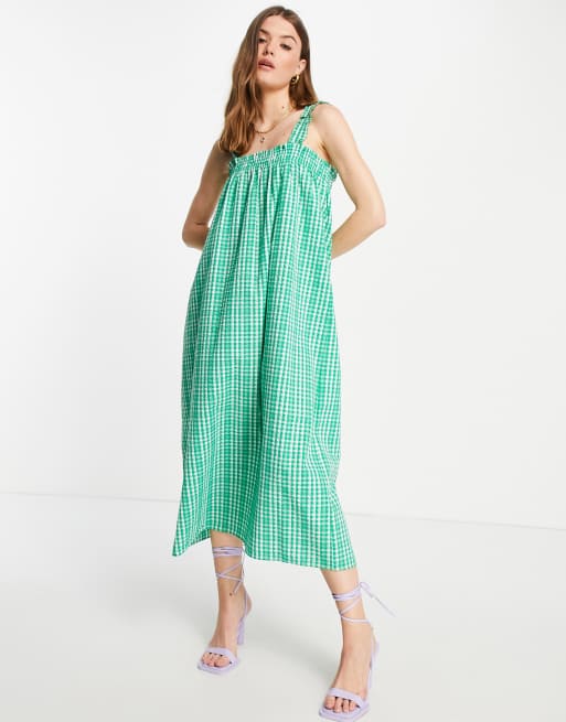 Envii - Mouwloze maxi smockjurk in groene ruit