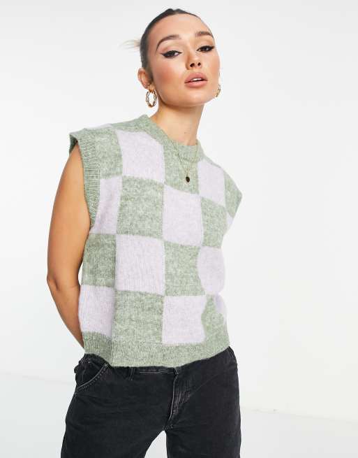 Envii oversized knitted tank in green grid check