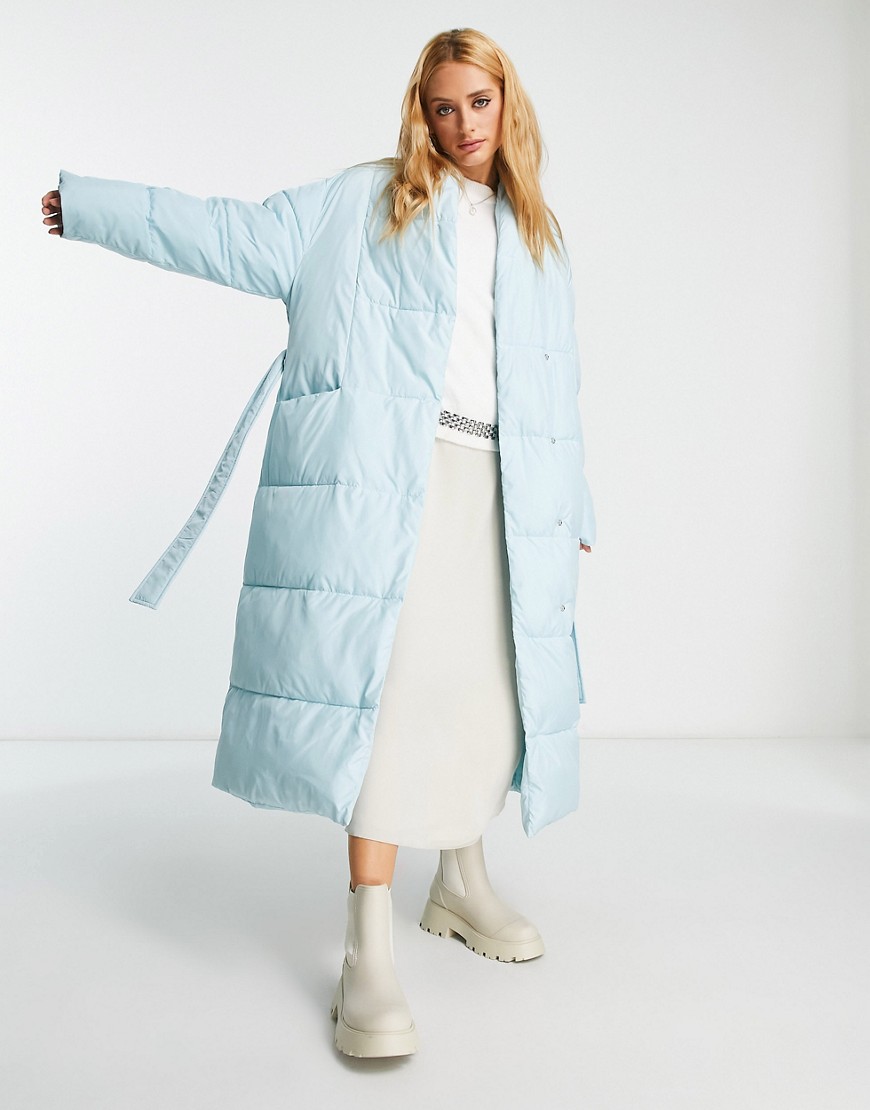 Envii padded maxi coat with belt in baby blue