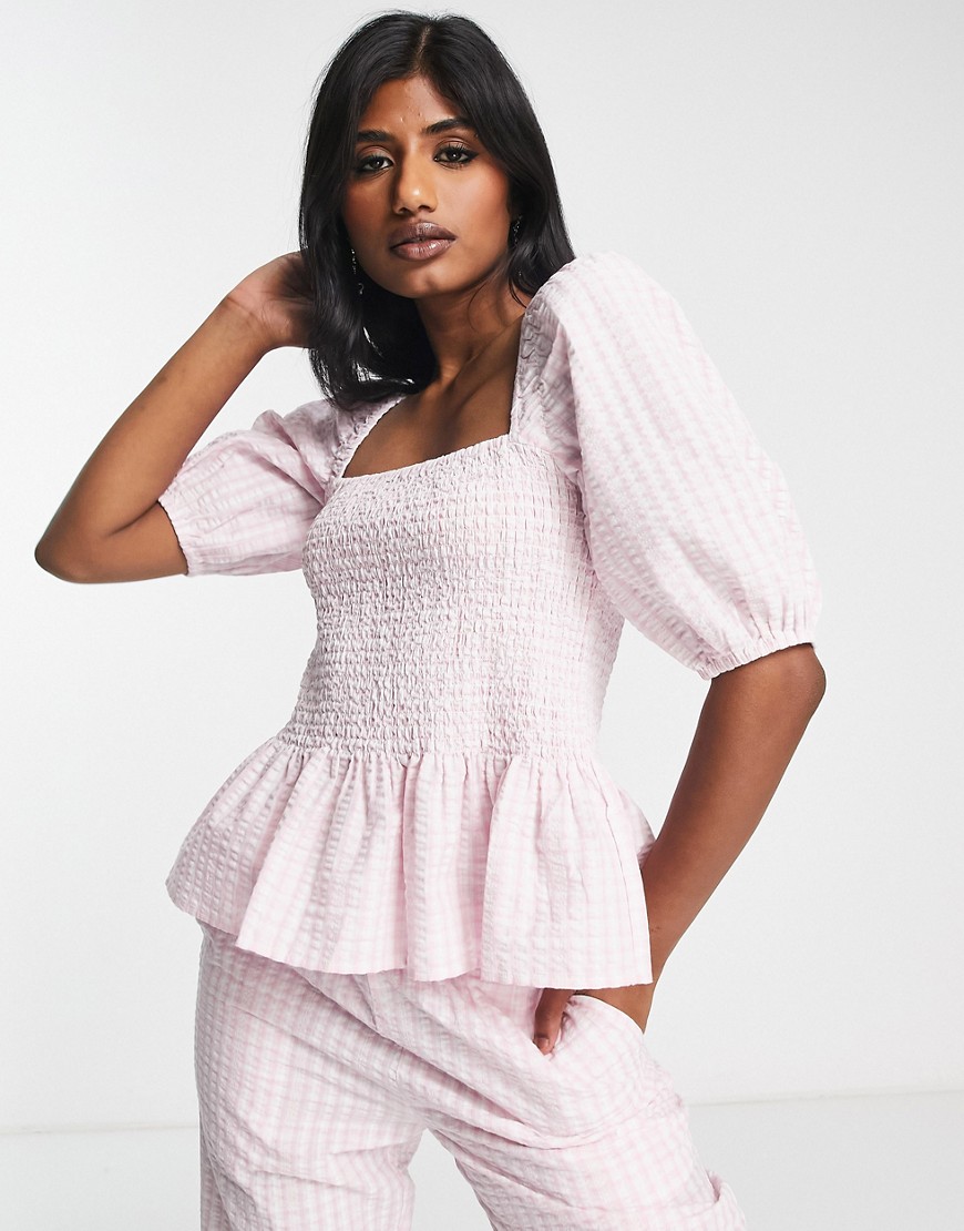 Envii peplum milkmaid top in pink gingham - part of a set