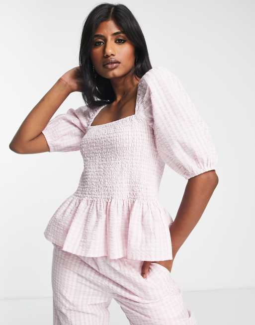 Cameo Rose Pink Gingham Shirred Peplum Top New Look