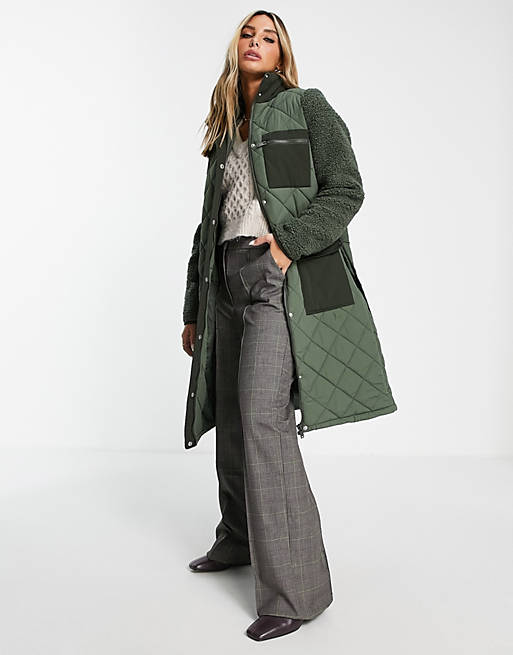 Envii quilted longline gilet coat with pile teddy sleeves in khaki