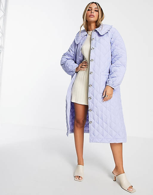 Envii quilted maxi coat with bib collar in pale blue
