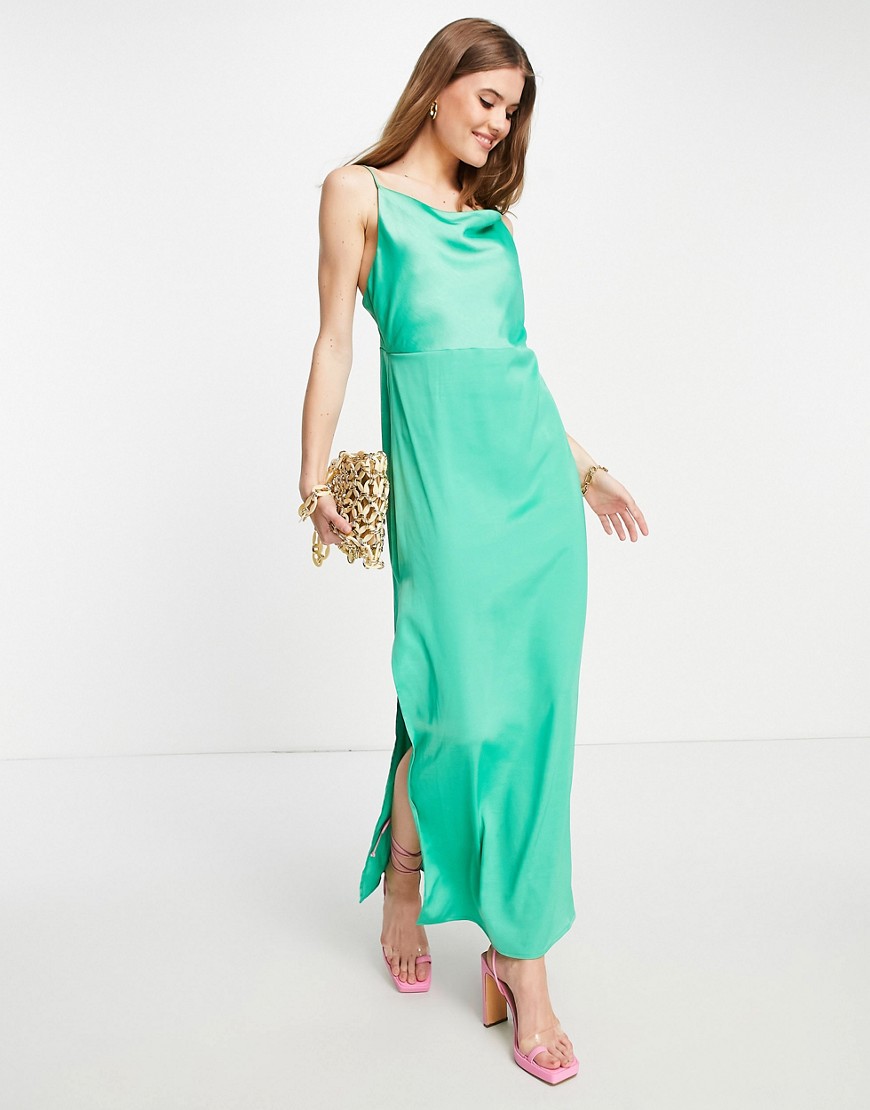 satin maxi cami dress with open back in bold green