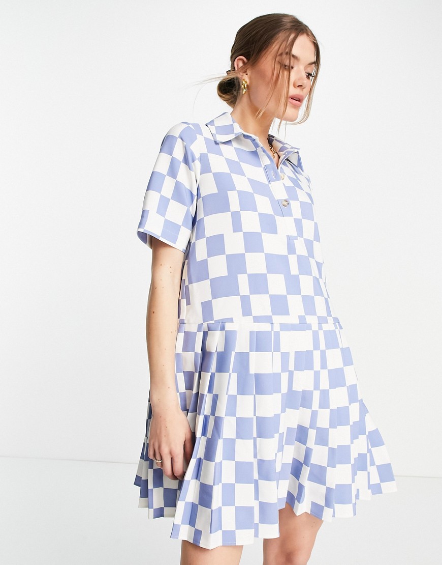 Envii Short Sleeve Polo Dress With Pleated Skirt In Blue Retro Check