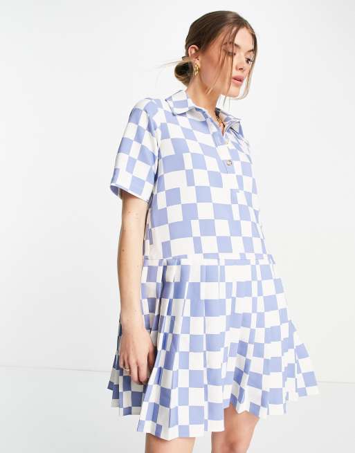 Envii short sleeve polo dress with pleated skirt in blue retro check ASOS