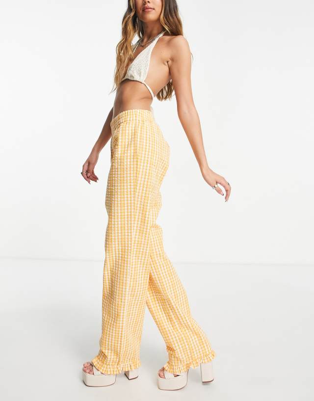 Envii straight leg pants with ruffle hem in apricot check - part of a set