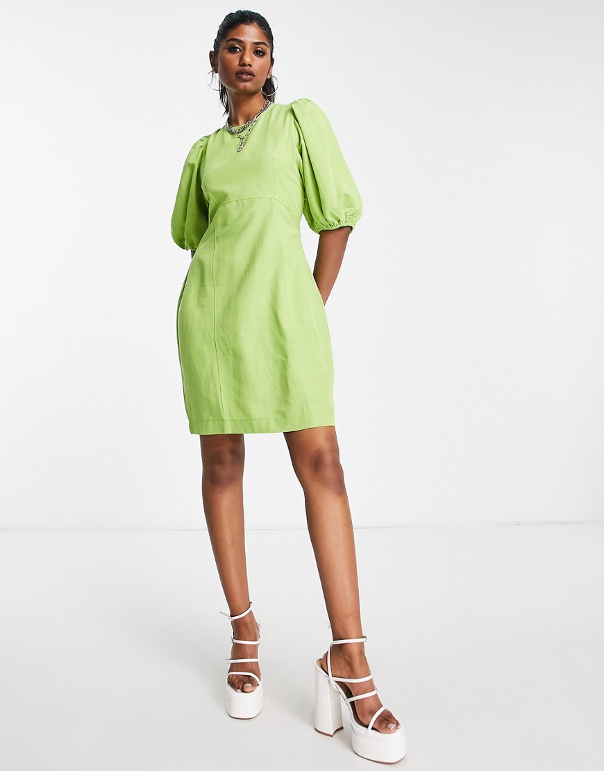Envii Structured Mini Dress With Puff Sleeve In Green