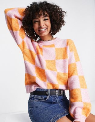 Envii super soft knitted jumper in pink and coral checkerboard