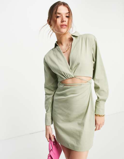 Asos Donna Abbigliamento Camicie Camicie a maniche lunghe Vestito camicia a maniche lunghe kaki con vita avvolgente 