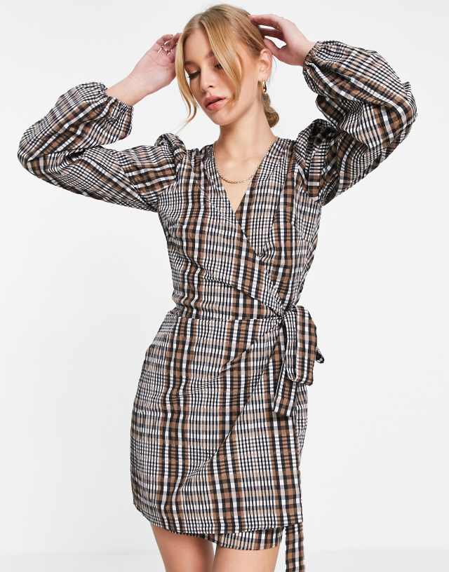 Envii wrap mini dress in brown based check