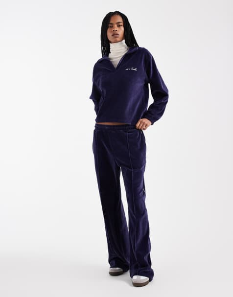 Esclusiva 4th + Reckless - Coordinato blu navy in velour con logo ricamato composto da felpa e pantaloni a fondo ampio - view 1