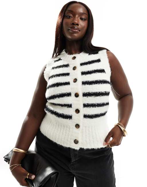 Esclusiva 4th & Reckless Plus - Top senza maniche bianco a righe nere in maglia soffice con chiusura con bottoni