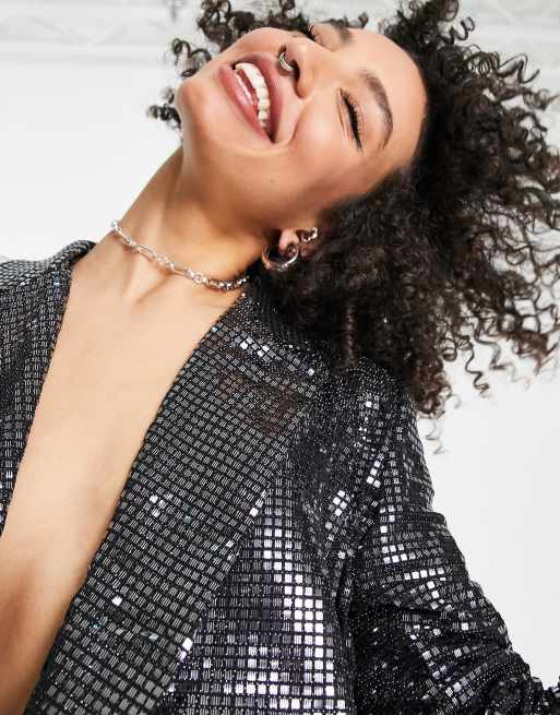 Esclusiva 4th & Reckless Tall - Blazer sartoriale argento metallizzato con paillettes in coordinato, 3 di 4