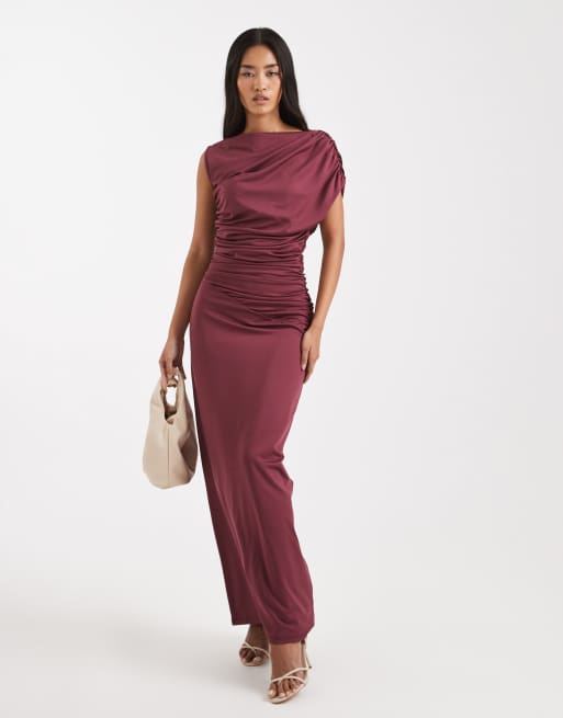 Esclusiva 4th & Reckless - Vestito lungo senza maniche sinuoso a doppio strato drappeggiato color bordeaux con spalle scese