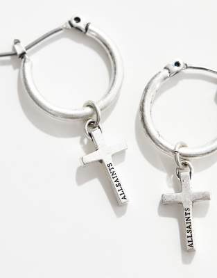Esclusiva AllSaints x ASOS - Orecchini a cerchio con pendente a croce color argento