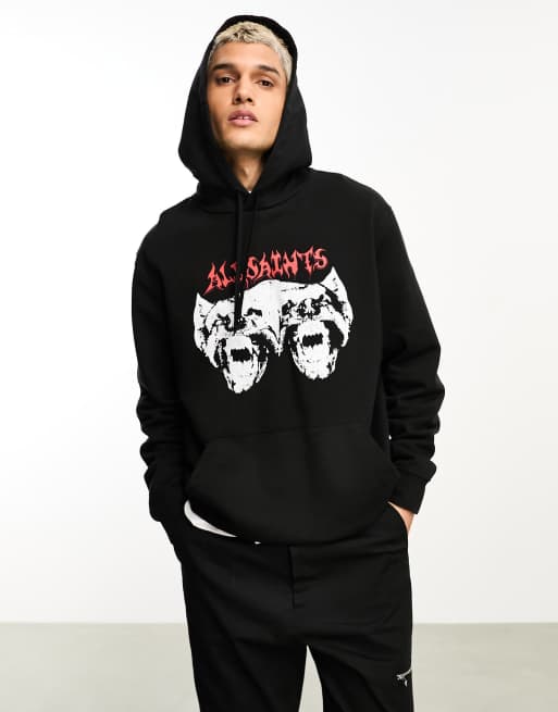 Esclusiva AllSaints x ASOS - Raptorex Oth - Felpa con cappuccio nero slavato con grafica