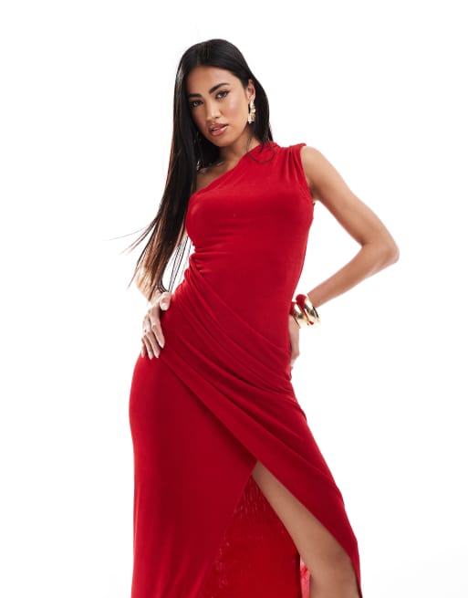 Esclusiva Aria Cove Vestito lungo monospalla sinuoso rosso con