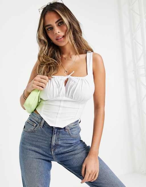 Esclusiva ASOS DESIGN Coppe Grandi - Corsetto senza maniche bianco con scollo quadrato e laccetto sullo scollo