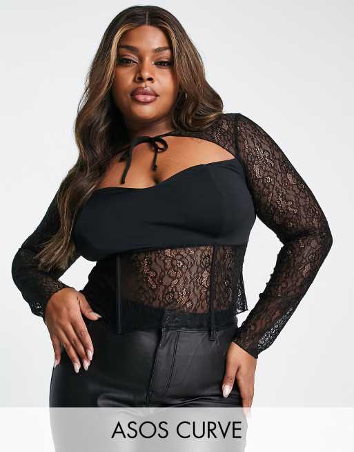 Esclusiva ASOS DESIGN Curve - Halloween - Top in misto pizzo nero con laccio sul collo
