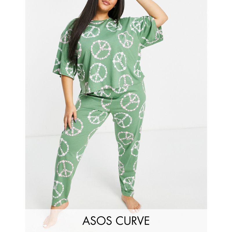 Donna Intimo e abbigliamento notte Esclusiva DESIGN Curve - Pigiama verde con simbolo della pace floreale con maglietta e joggers