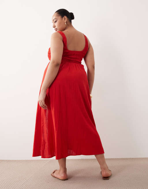 Esclusiva ASOS DESIGN Curve - Selina Beach - Prendisole lungo arricciato in cotone testurizzato rosso, 3 di 4