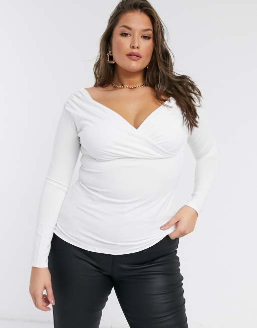 Esclusiva ASOS DESIGN Curve - Top bianco avvolgente in stile Bardot, 3 di 4