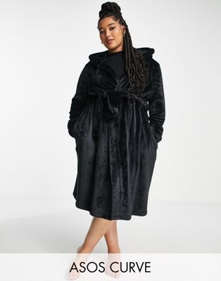 Vestaglia midi in pile super morbido nera Esclusiva ASOS DESIGN Curve Asos Donna Abbigliamento Abbigliamento per la notte Accappatoi e vestaglie 
