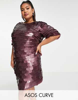 Esclusiva ASOS DESIGN Curve - Vestito corto a trapezio in paillettes color bordeaux