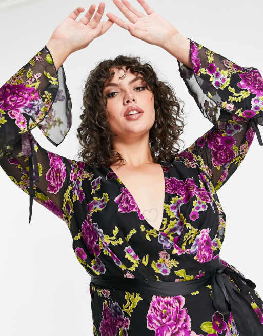 Esclusiva ASOS DESIGN Curve - Vestito corto avvolgente in raso a fiori dévoré con lacci, 3 di 4