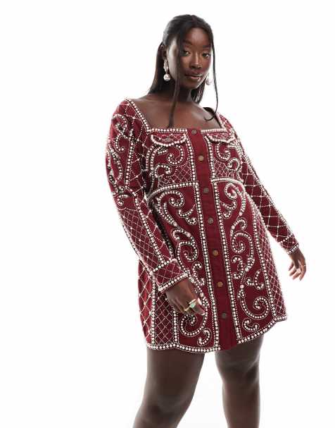 Esclusiva ASOS DESIGN Curve - Vestito corto strutturato bordeaux decorato con perle e con bottoni - view 1