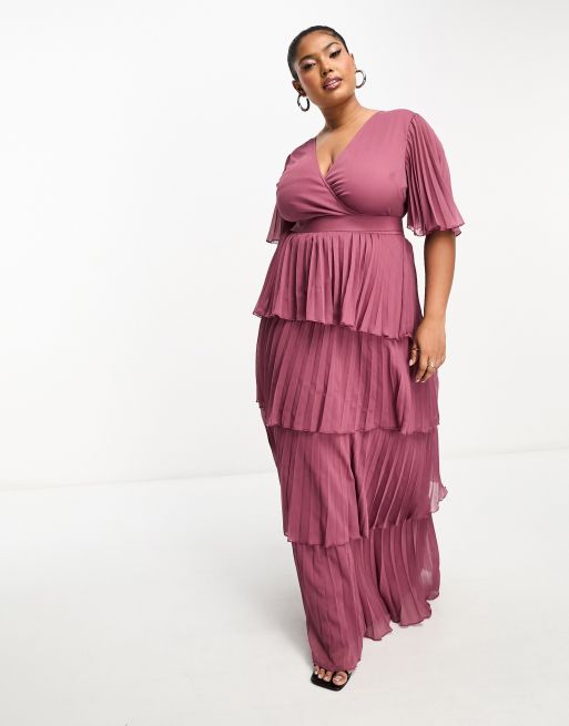 Esclusiva ASOS DESIGN Curve - Vestito lungo con maniche a kimono e gonna a balze a pieghe rosa polvere