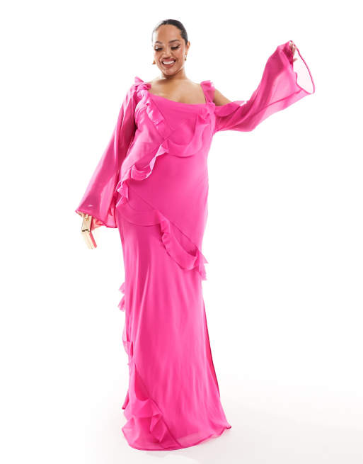 Esclusiva ASOS DESIGN Curve - Vestito lungo con maniche asimmetriche e volant effetto invecchiato rosa acceso