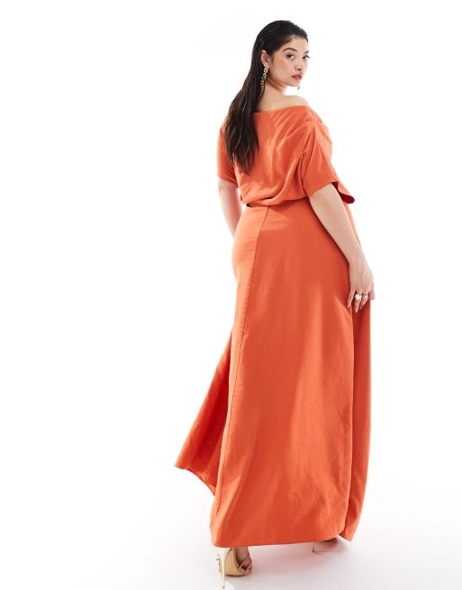 Esclusiva ASOS DESIGN Curve - Vestito lungo testurizzato ruggine con spalle scoperte e spacco profondo, 4 di 4
