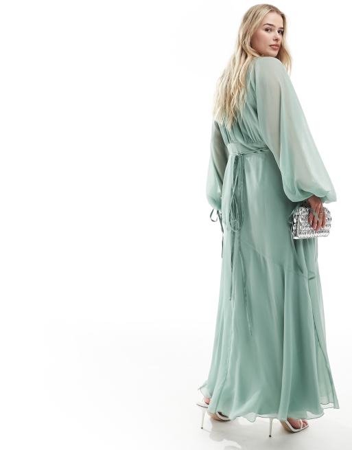 Esclusiva ASOS DESIGN Curve - Vestito midi a maniche lunghe avvolgente in chiffon verde, 3 di 4